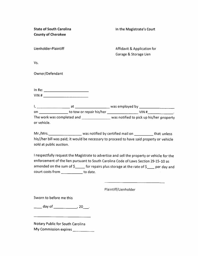 Affidavit For Application For Storage Lien | Pdf Fpdf Docx | South Carolina
