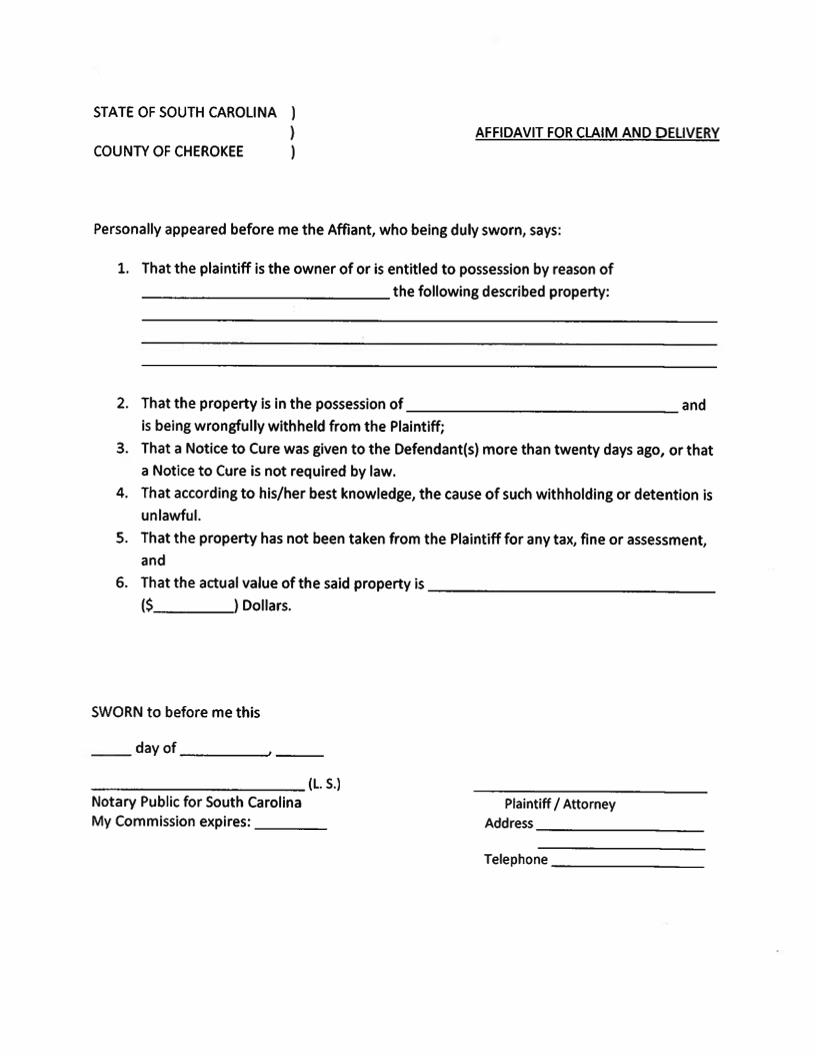 Affidavit For Claim And Delivery | Pdf Fpdf Docx | South Carolina