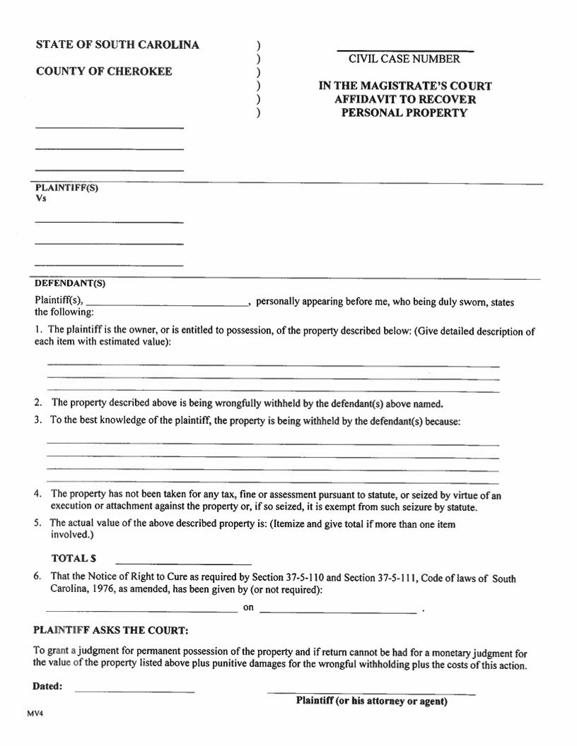 Affidavit To Recover Personal Property (Claim And Delivery) {MV4} | Pdf Fpdf Docx | South Carolina