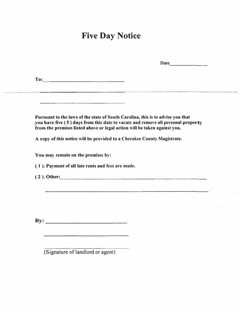 Five Day Notice (Eviction) | Pdf Fpdf Docx | South Carolina