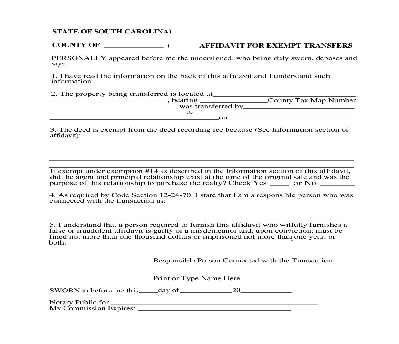 Affidavit For Exempt Transfers | Pdf Fpdf Doc Docx | South Carolina