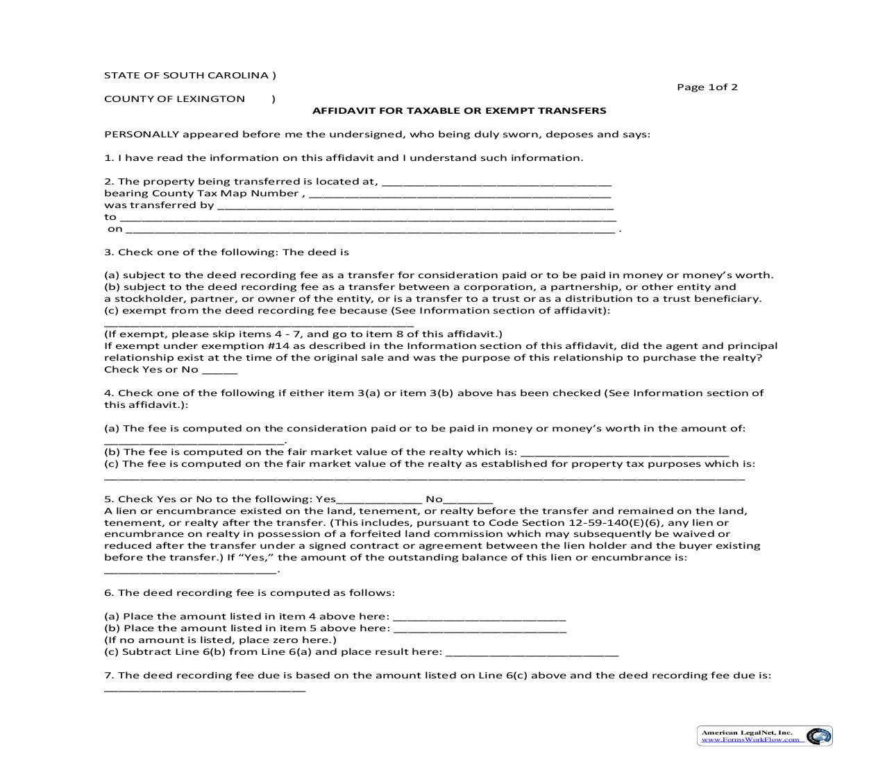 Affidavit For Taxable Or Exempt Transfers | Pdf Fpdf Doc Docx | South Carolina