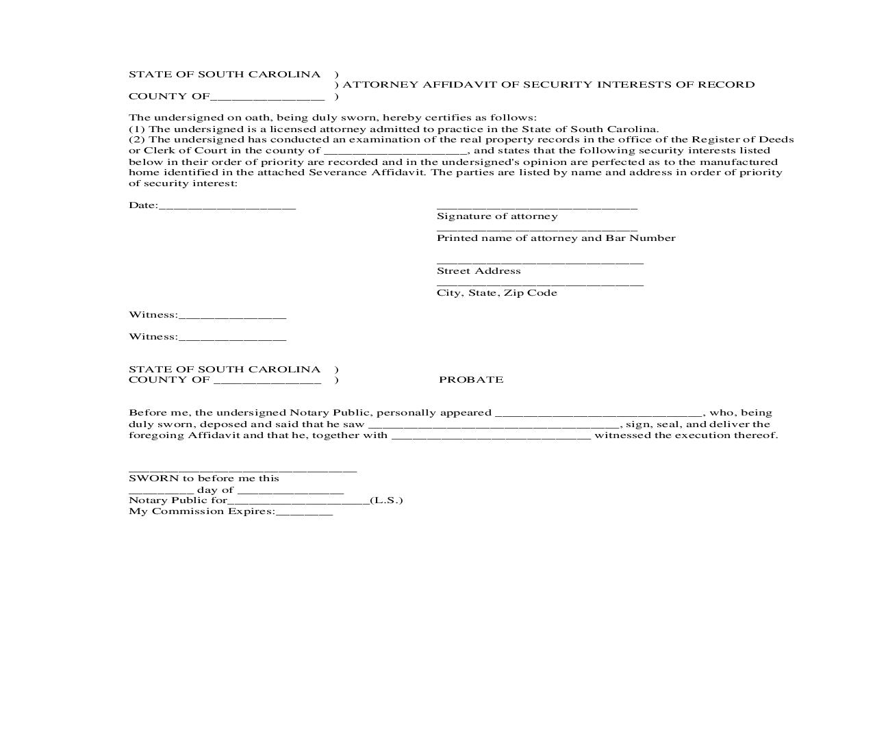 Attorney Affidavit For Security Interests Of Record | Pdf Fpdf Doc Docx | South Carolina