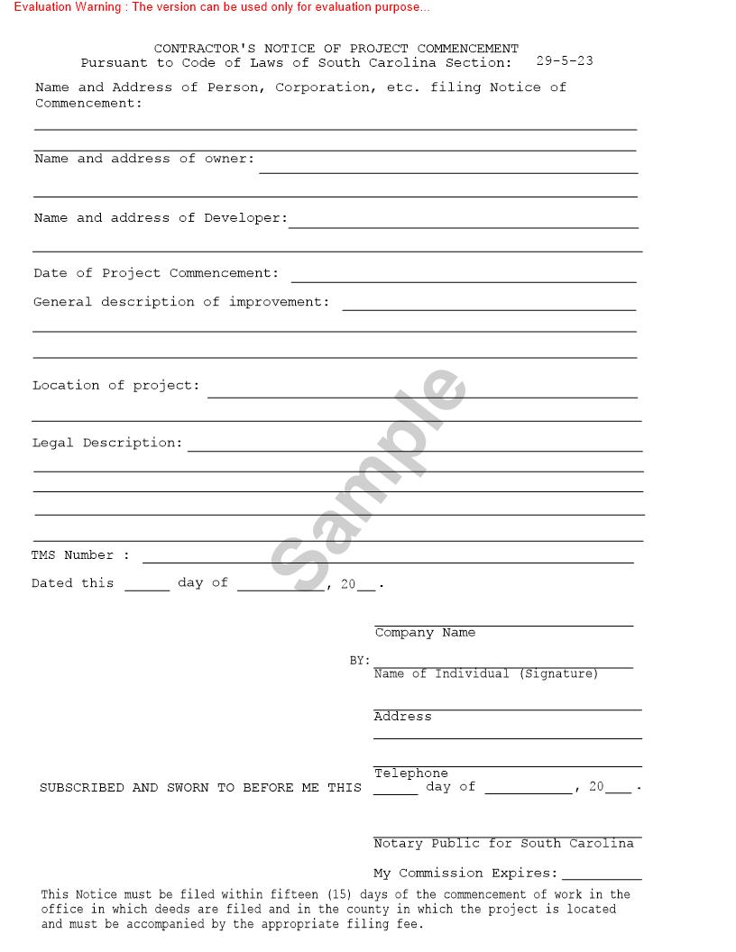 Contractors Notice Of Project Commencement | Pdf Fpdf Doc Docx | South Carolina