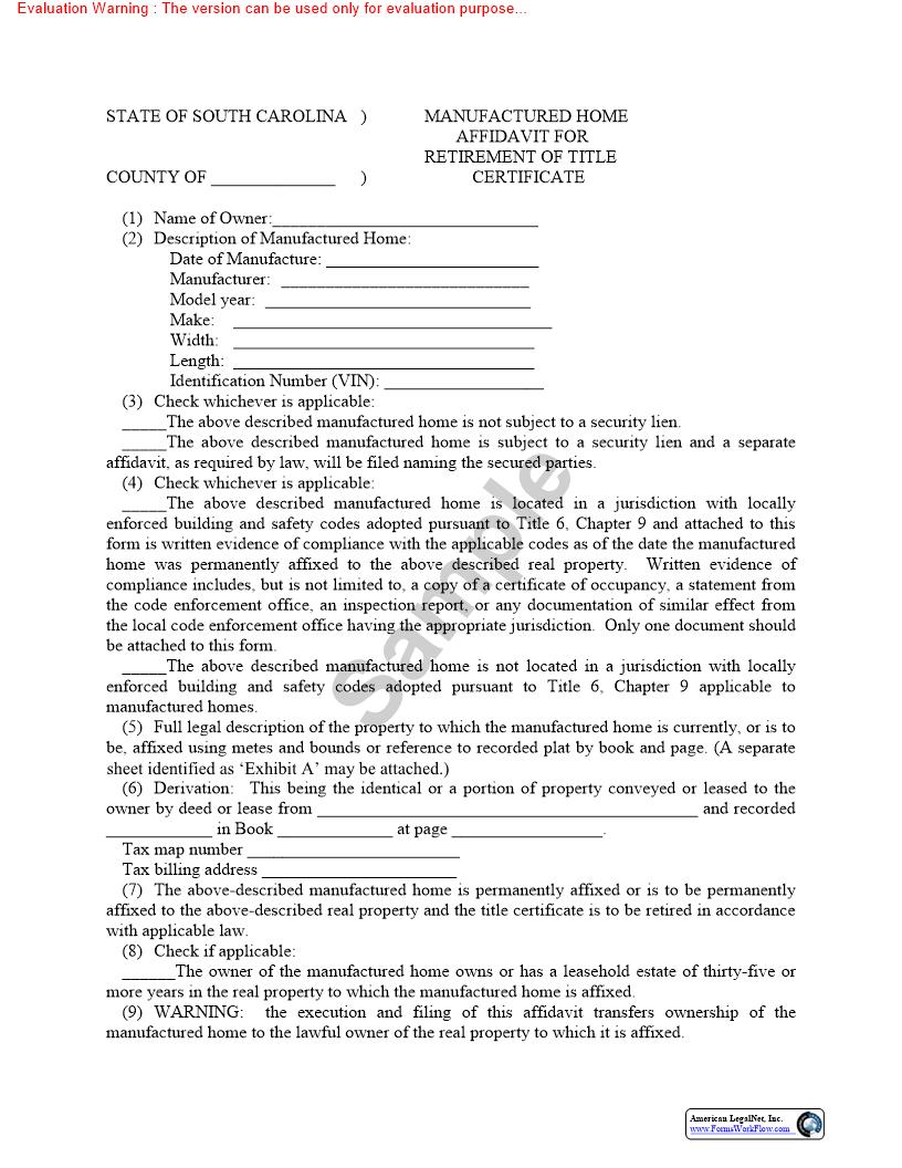 Manufactured Home Affidavit For Retirement Of Title Certificate | Pdf Fpdf Doc Docx | South Carolina