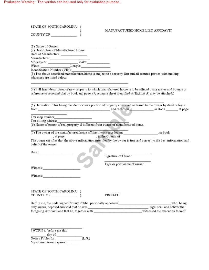 Manufactured Home Lien Affidavit | Pdf Fpdf Doc Docx | South Carolina