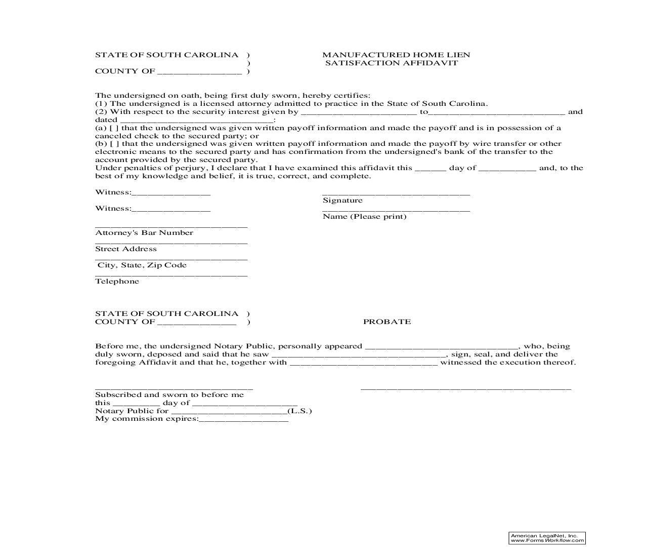 Manufactured Home Lien Satisfaction Affidavit | Pdf Fpdf Doc Docx | South Carolina