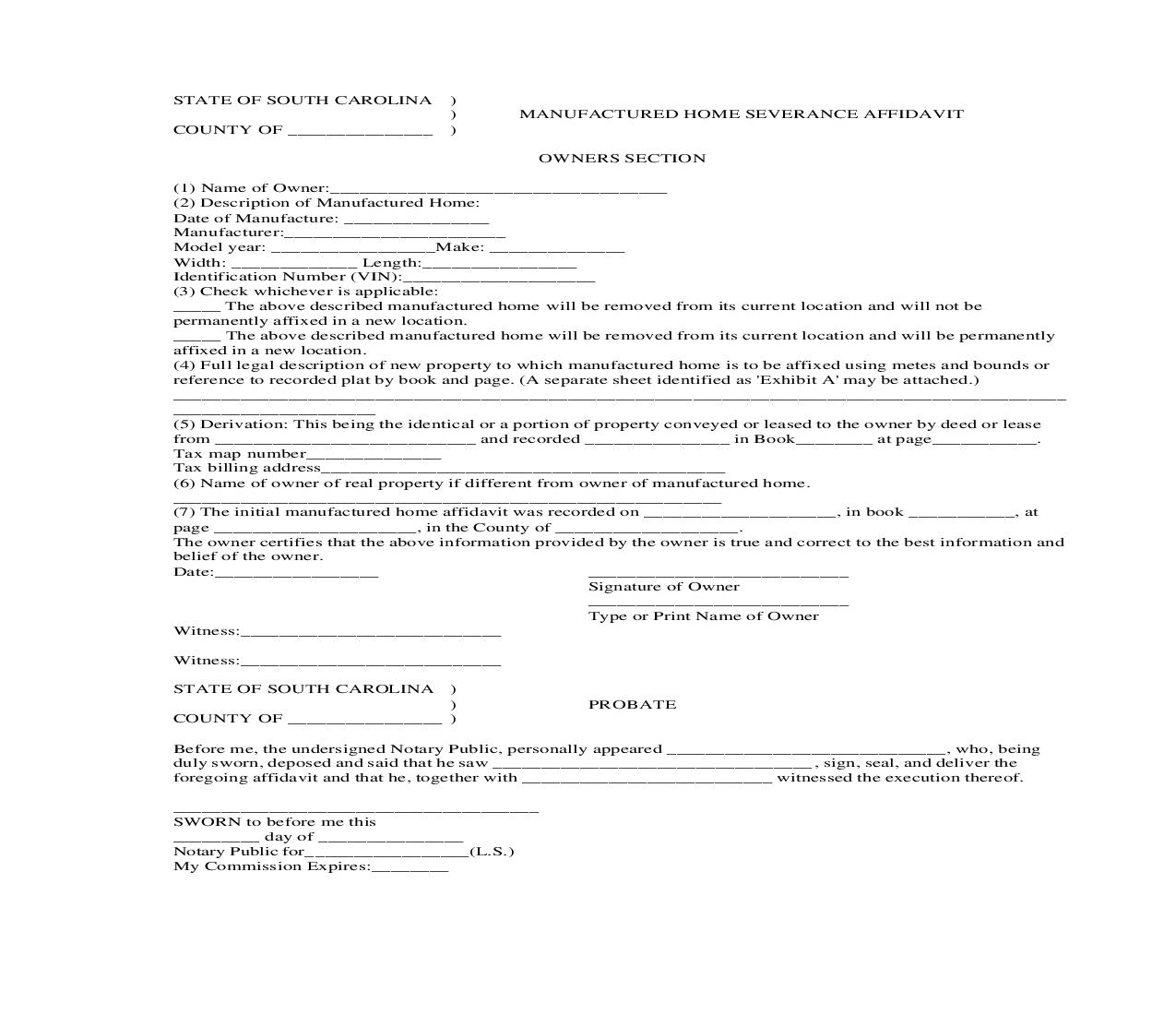 Manufactured Home Severance Affidavit | Pdf Fpdf Doc Docx | South Carolina