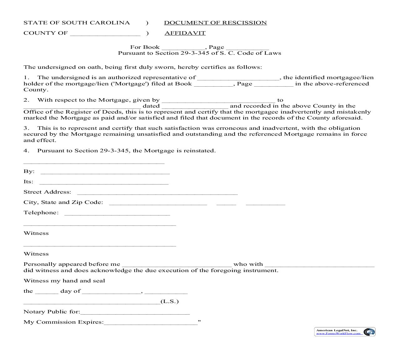 Mortgage Satisfaction Rescission (Document Of Rescission Affidavit) | Pdf Fpdf Doc Docx | South Carolina