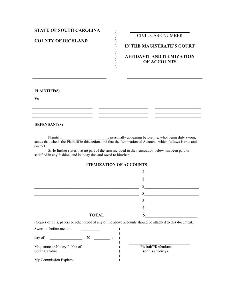 Affidavit And Itemization Of Accounts | Pdf Fpdf Docx | South Carolina