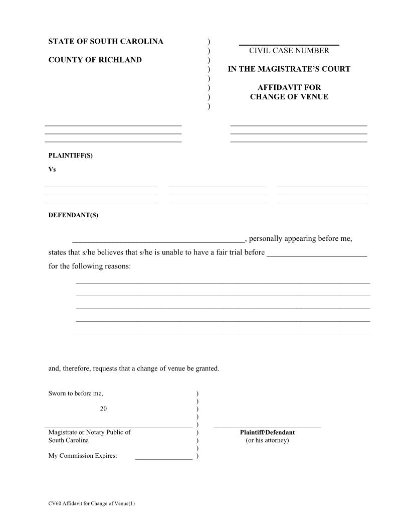 Affidavit For Change Of Venue | Pdf Fpdf Docx | South Carolina
