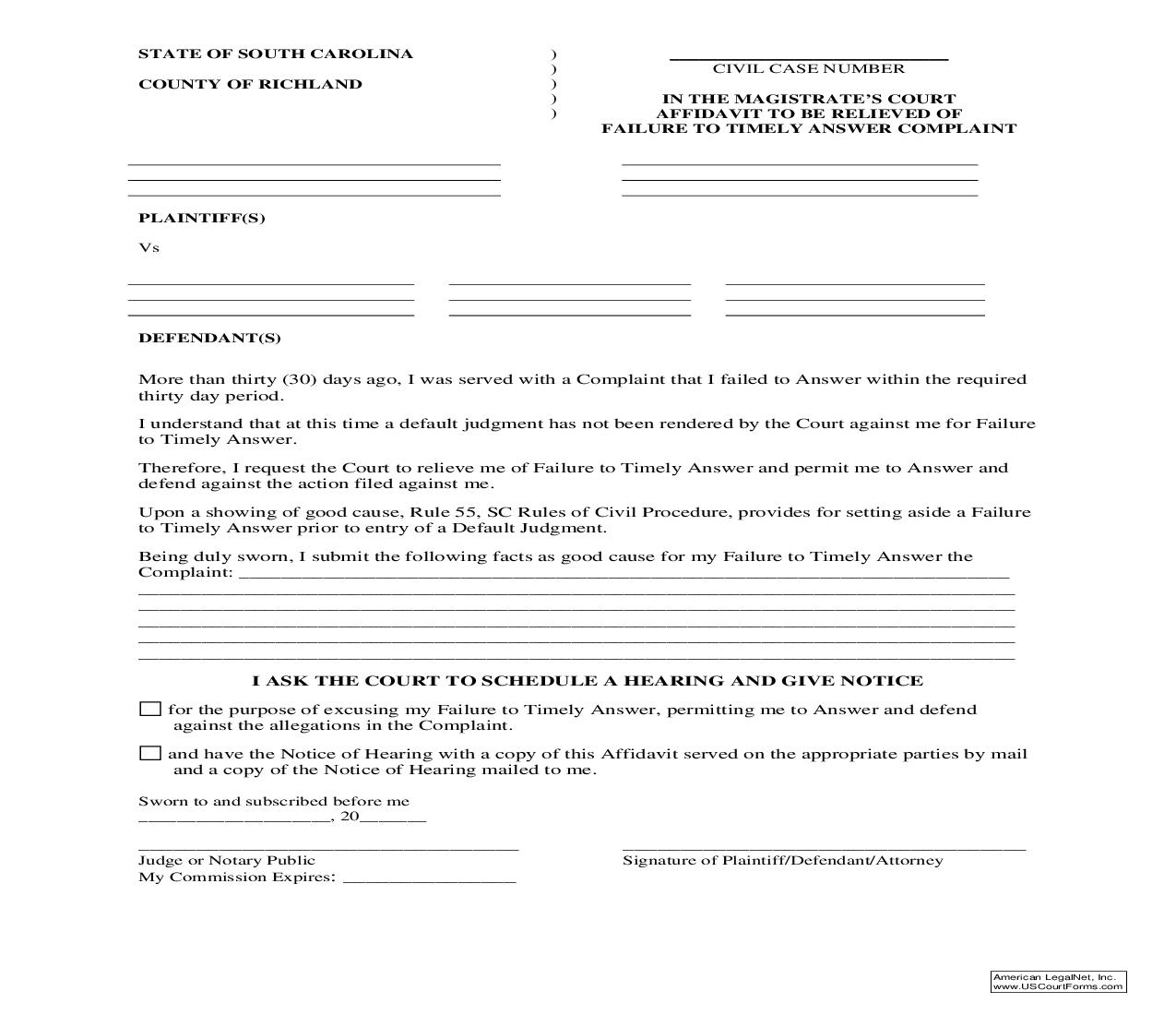 Affidavit To Be Relieved Of Failure To Timely Answer Complaint | Pdf Fpdf Doc Docx | South Carolina