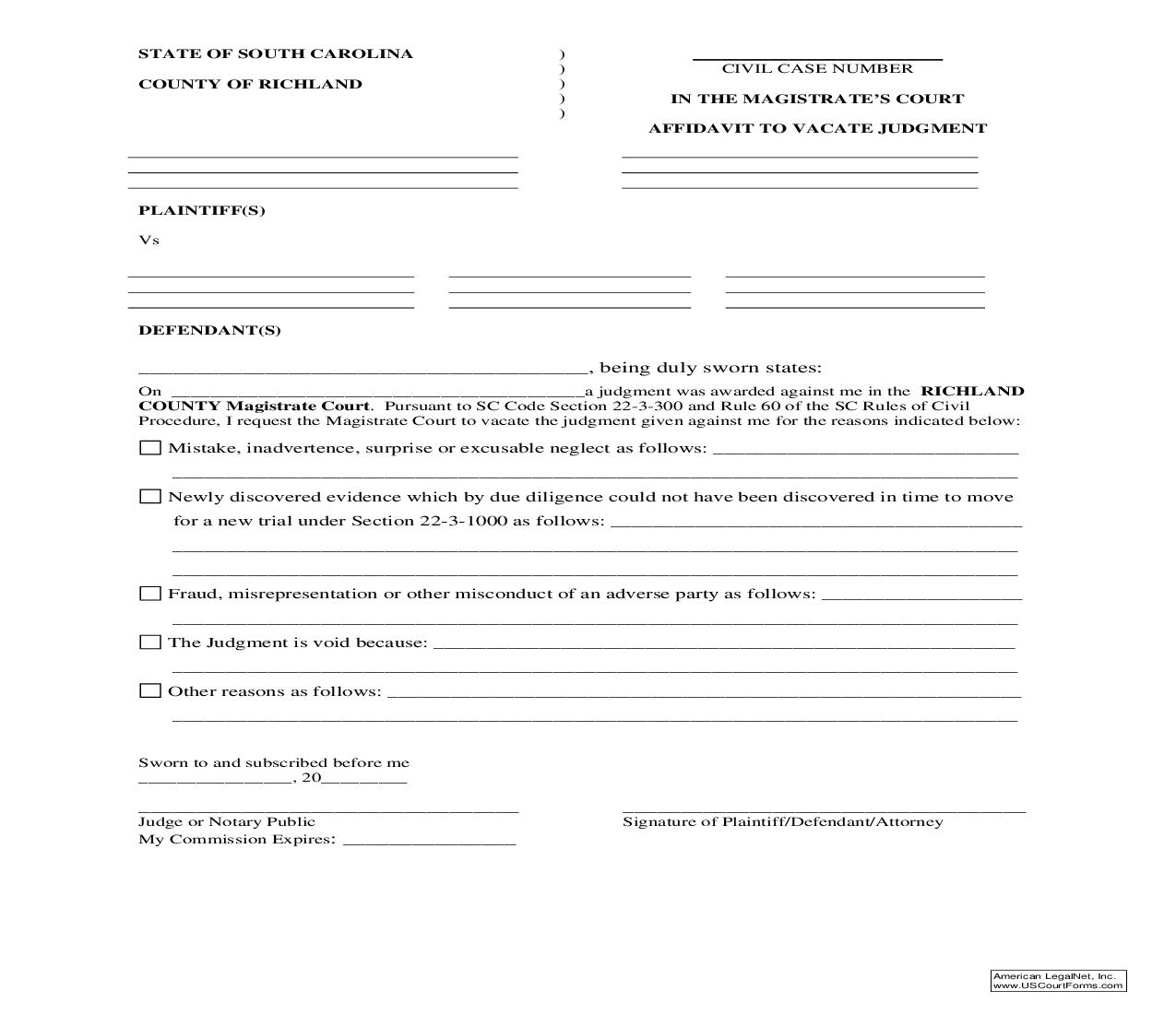 Affidavit To Vacate Judgment | Pdf Fpdf Doc Docx | South Carolina