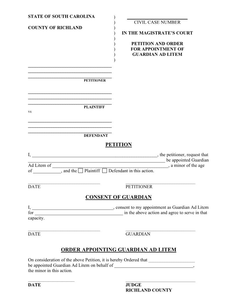 Petition And Order For Appointment Of Guardian Ad Litem | Pdf Fpdf Docx | South Carolina