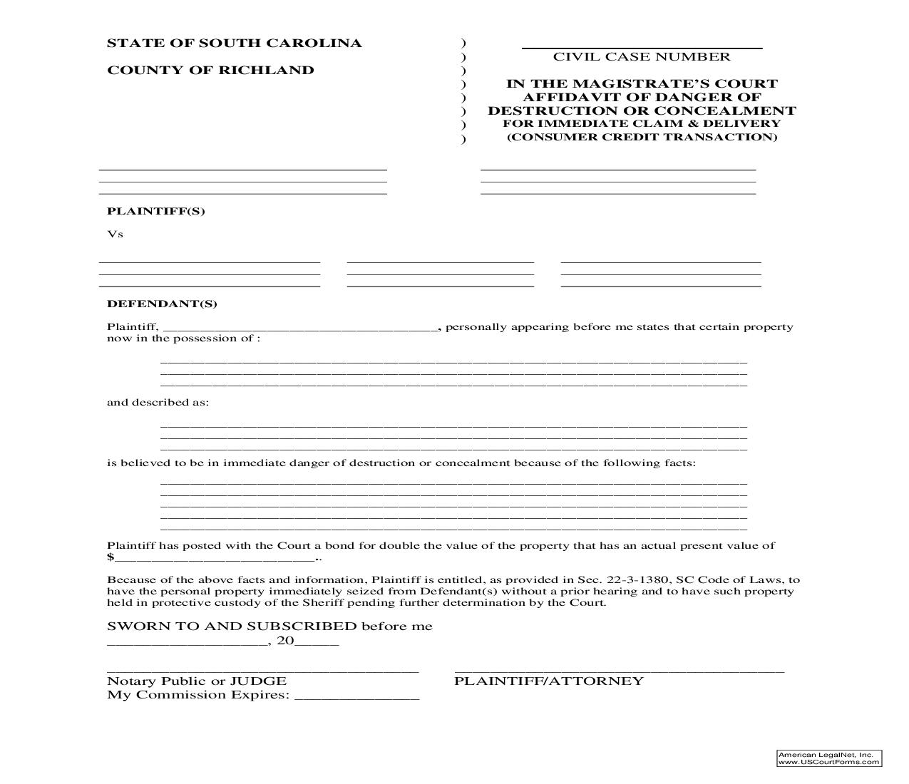 Affidavit Of Danger Of Destruction or Concealment (For Immediate Claim And Delivery) | Pdf Fpdf Doc Docx | South Carolina