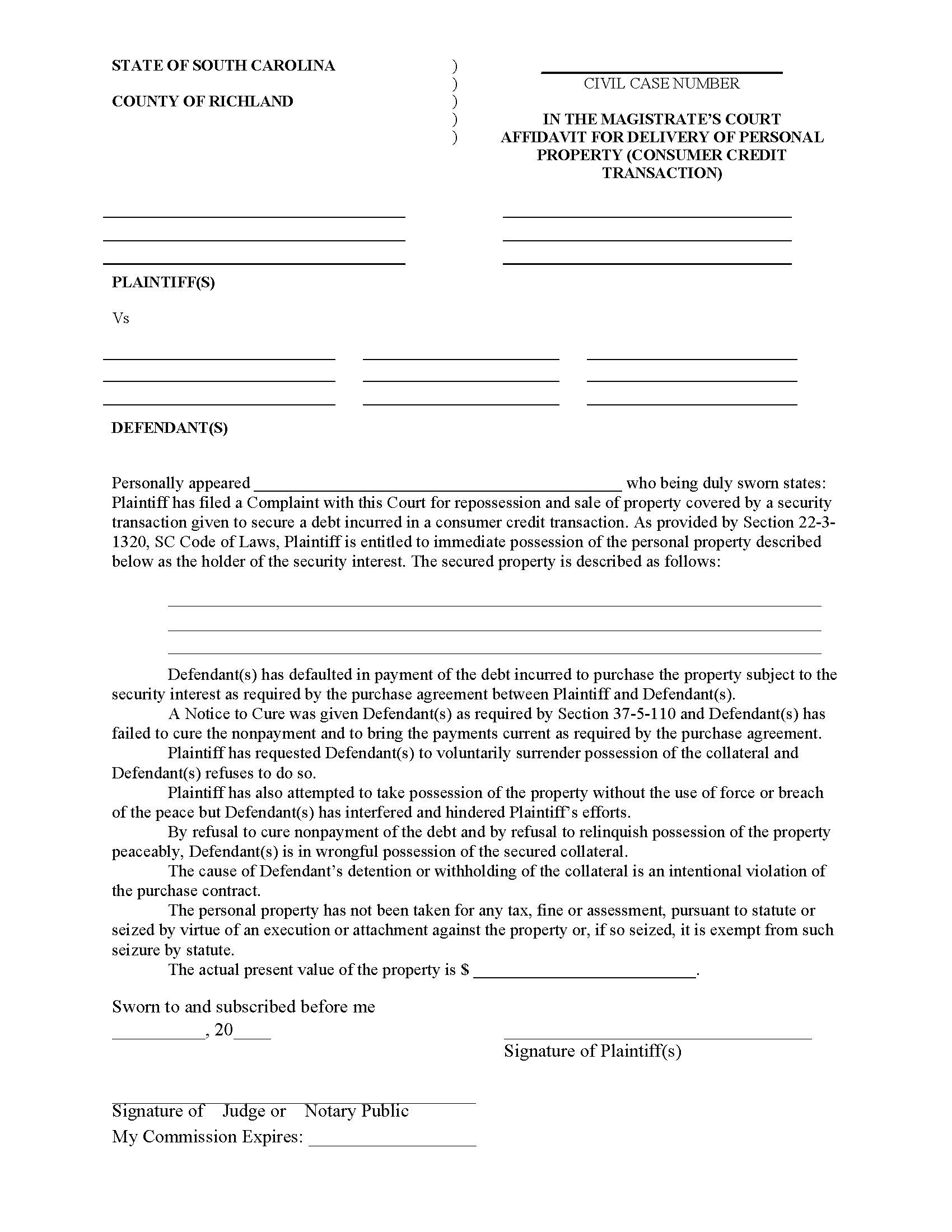 Basic Affidavit For Consumer Credit | Pdf Fpdf Doc Docx | South Carolina
