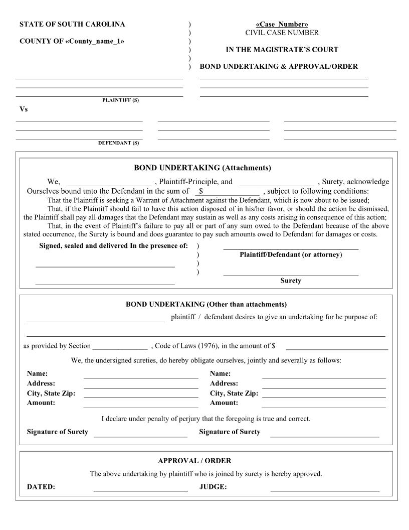 Bond Undertaking And Approval-Order | Pdf Fpdf Docx | South Carolina
