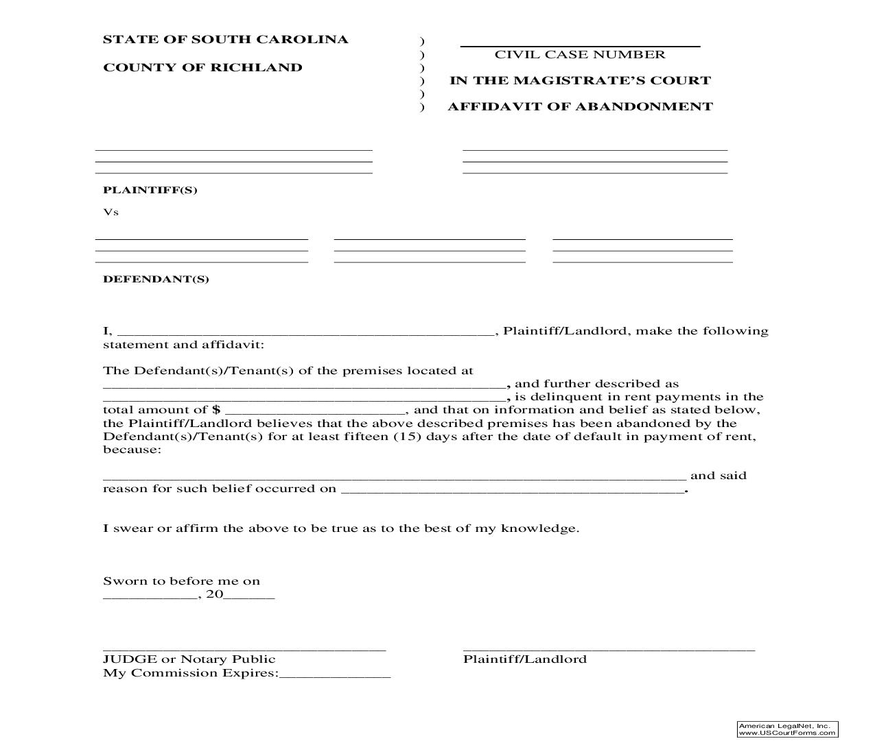 Affidavit Of Abandonment (Richland) | Pdf Fpdf Doc Docx | South Carolina