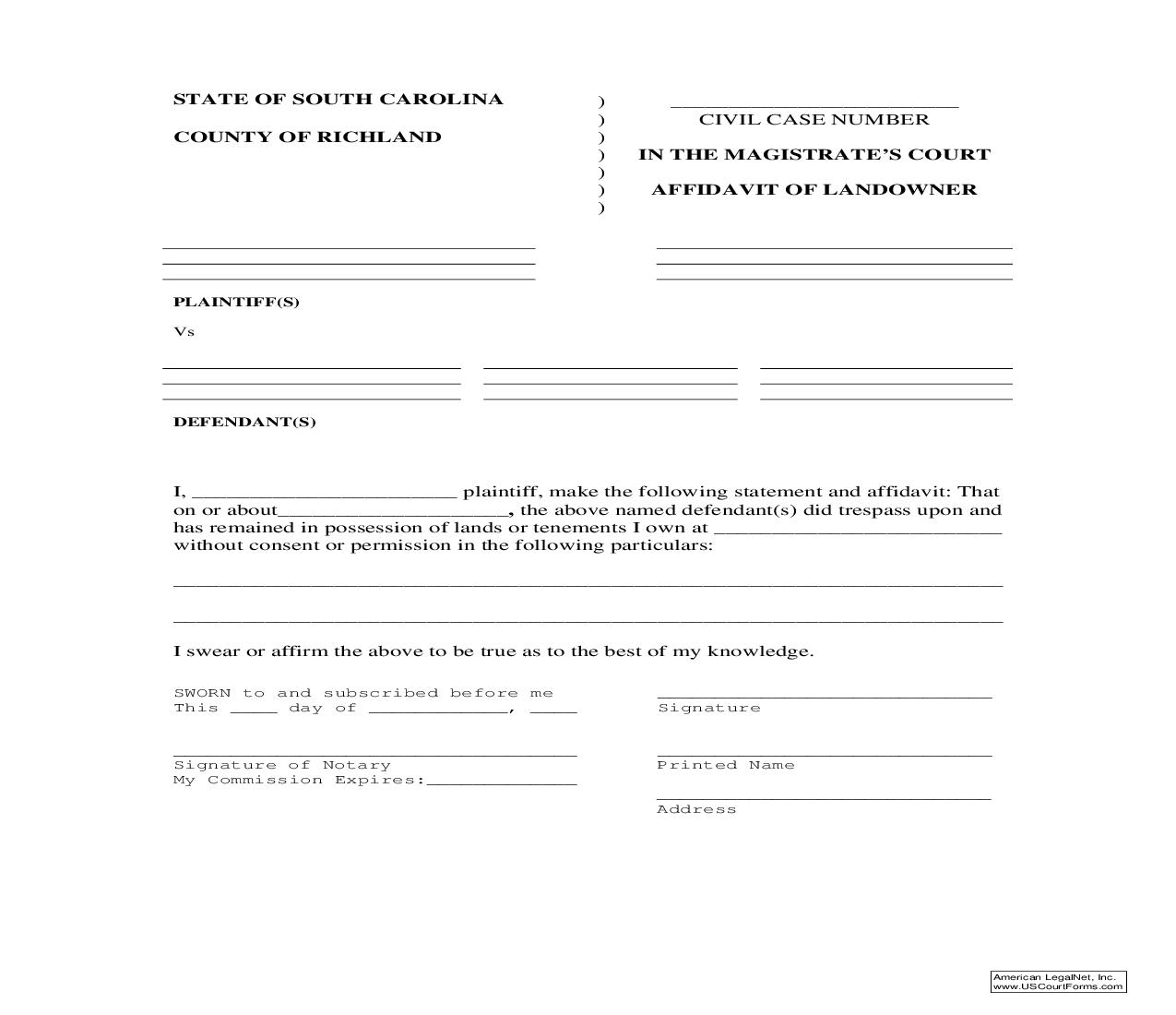 Affidavit Of Landowner | Pdf Fpdf Doc Docx | South Carolina