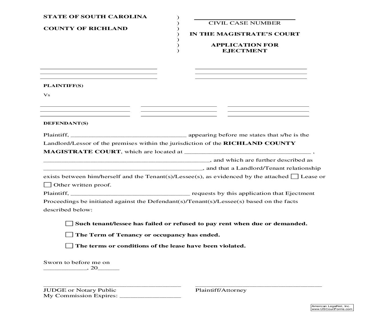 Application For Ejectment (Richland) | Pdf Fpdf Doc Docx | South Carolina