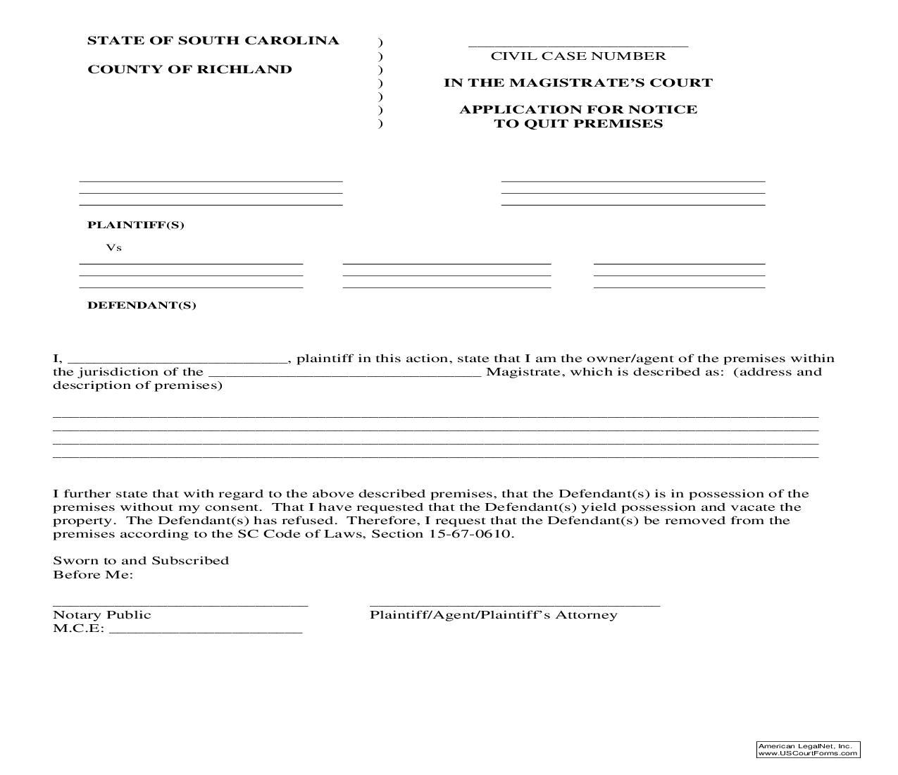 Application For Notice To Quit Premises | Pdf Fpdf Doc Docx | South Carolina