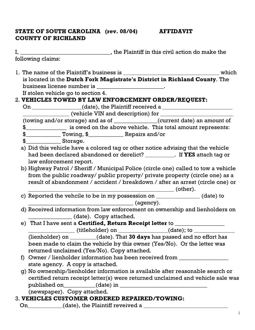 Affidavit Of Abandoned Vehicle | Pdf Fpdf Docx | South Carolina