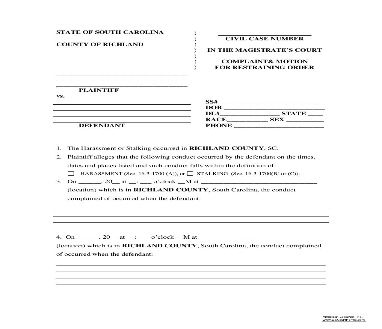 Complaint And Motion For Restraining Order (Richland) | Pdf Fpdf Doc Docx | South Carolina