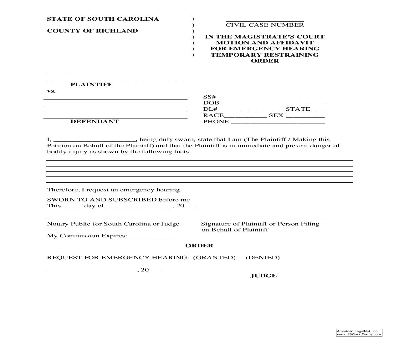 Motion And Affidavit For Emergency Hearing Temporary Restraining Order | Pdf Fpdf Doc Docx | South Carolina