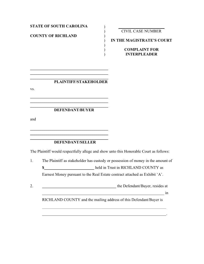Complaint For Interpleader | Pdf Fpdf Docx | South Carolina