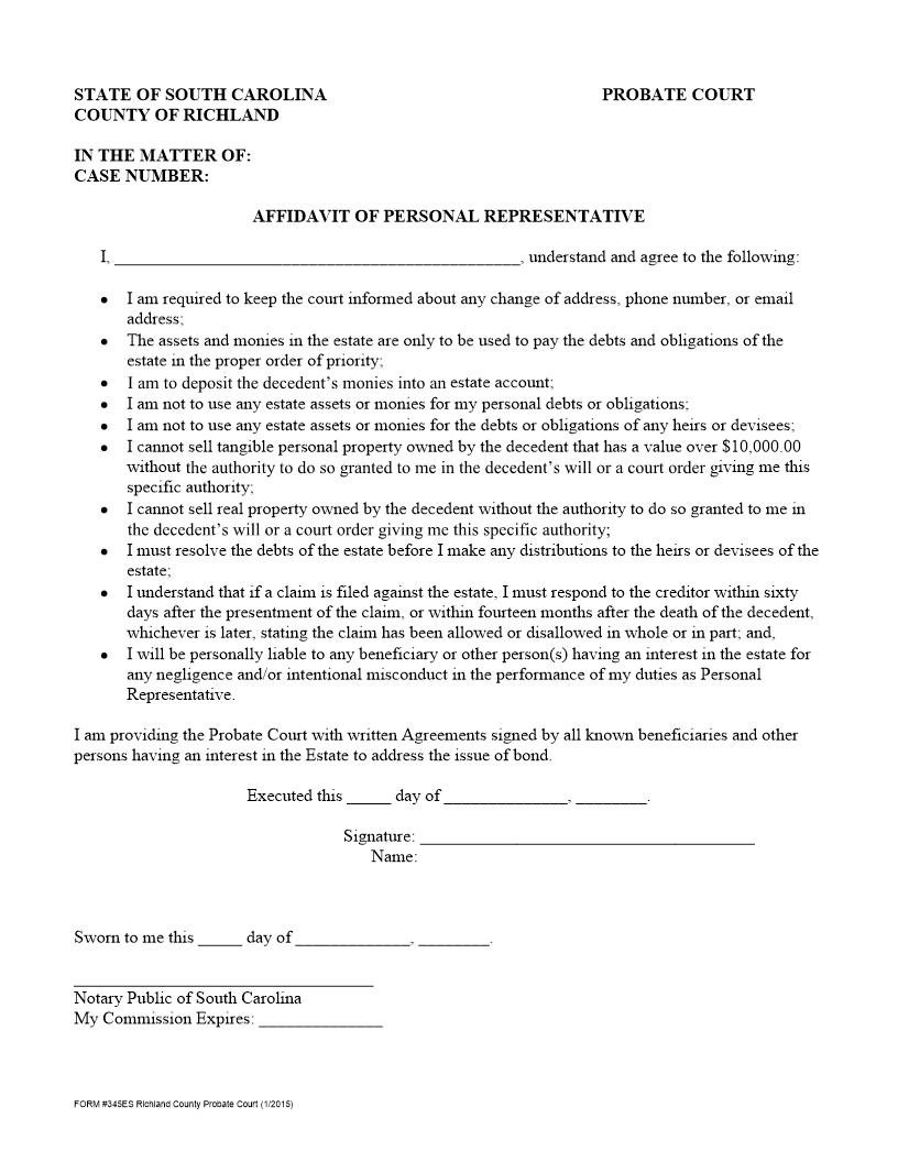 Affidavit Of Personal Representative (Richland) {345} | Pdf Fpdf Docx | South Carolina