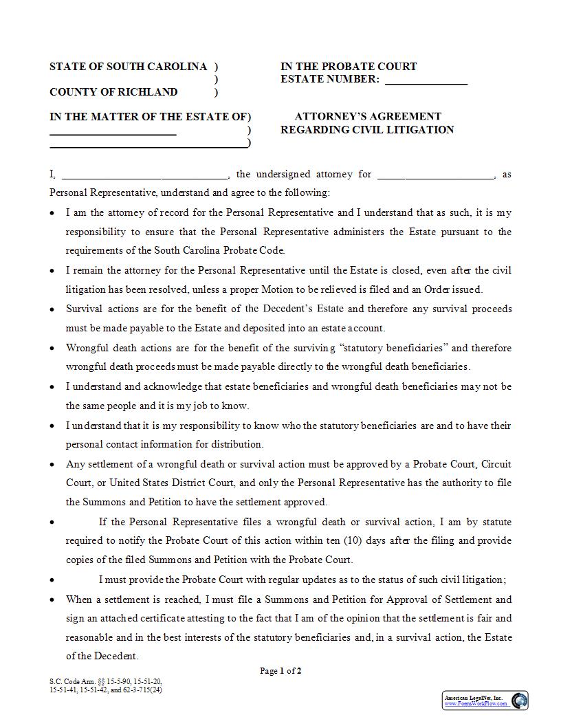Attorneys Agreement Regarding Civil Litigation | Pdf Fpdf Docx | South Carolina