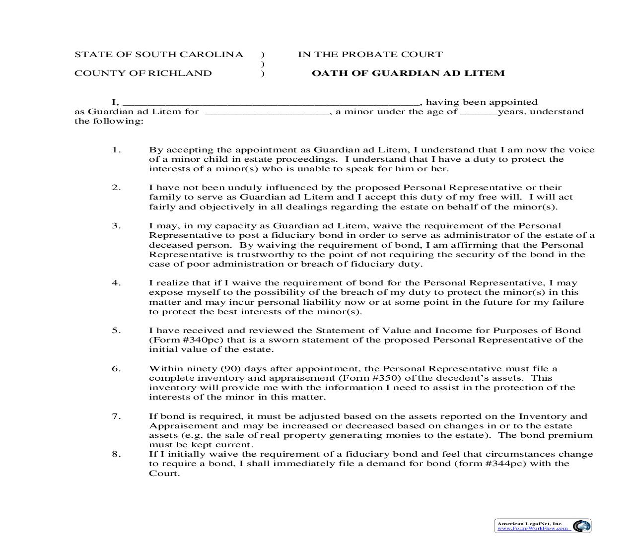 Oath Of Guardian Ad Litem | Pdf Fpdf Doc Docx | South Carolina