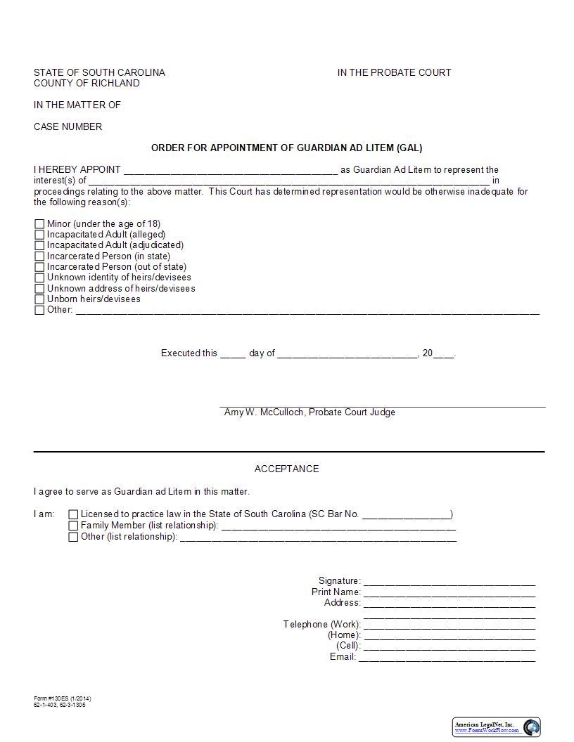 Order Appointing Guardian Ad Litem (GAL) {130} | Pdf Fpdf Docx | South Carolina