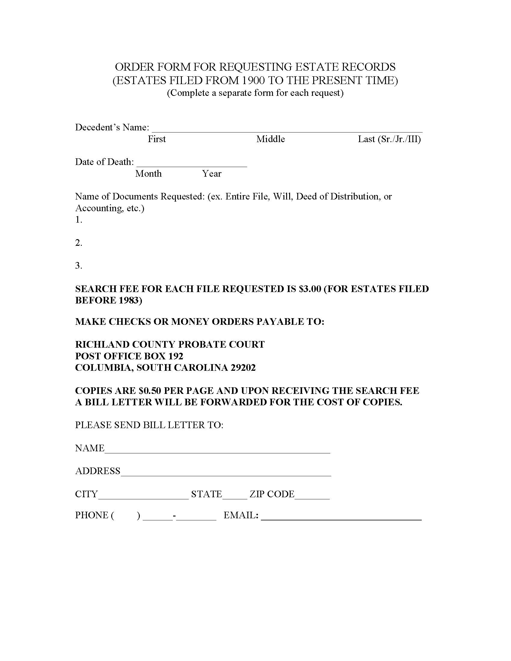 Order Form For Requesting Estate Records (Estates Filed From 1900 To Present Time) | Pdf Fpdf Doc Docx | South Carolina