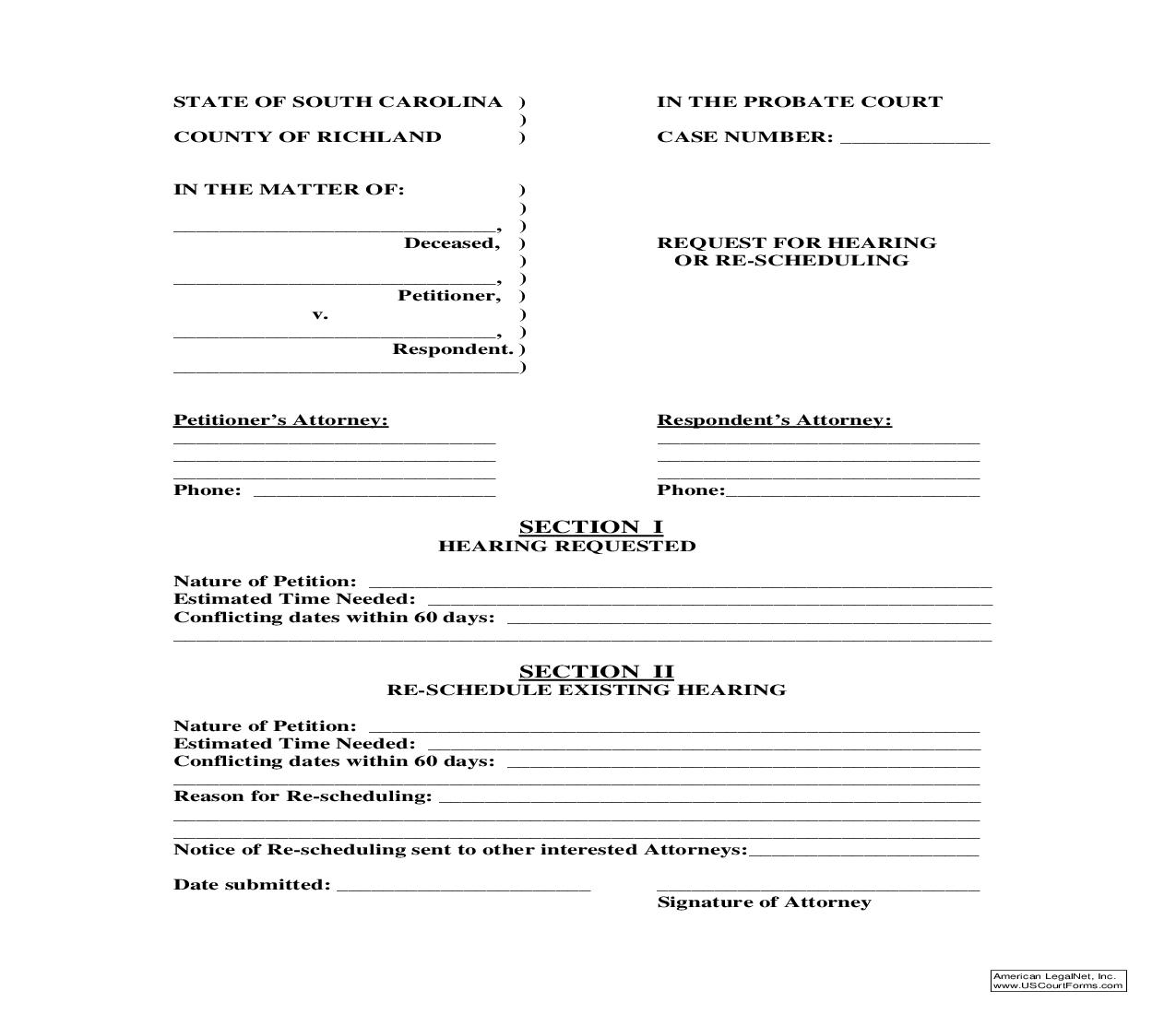 Request For Hearing Or Re-Scheduling |  | South Carolina