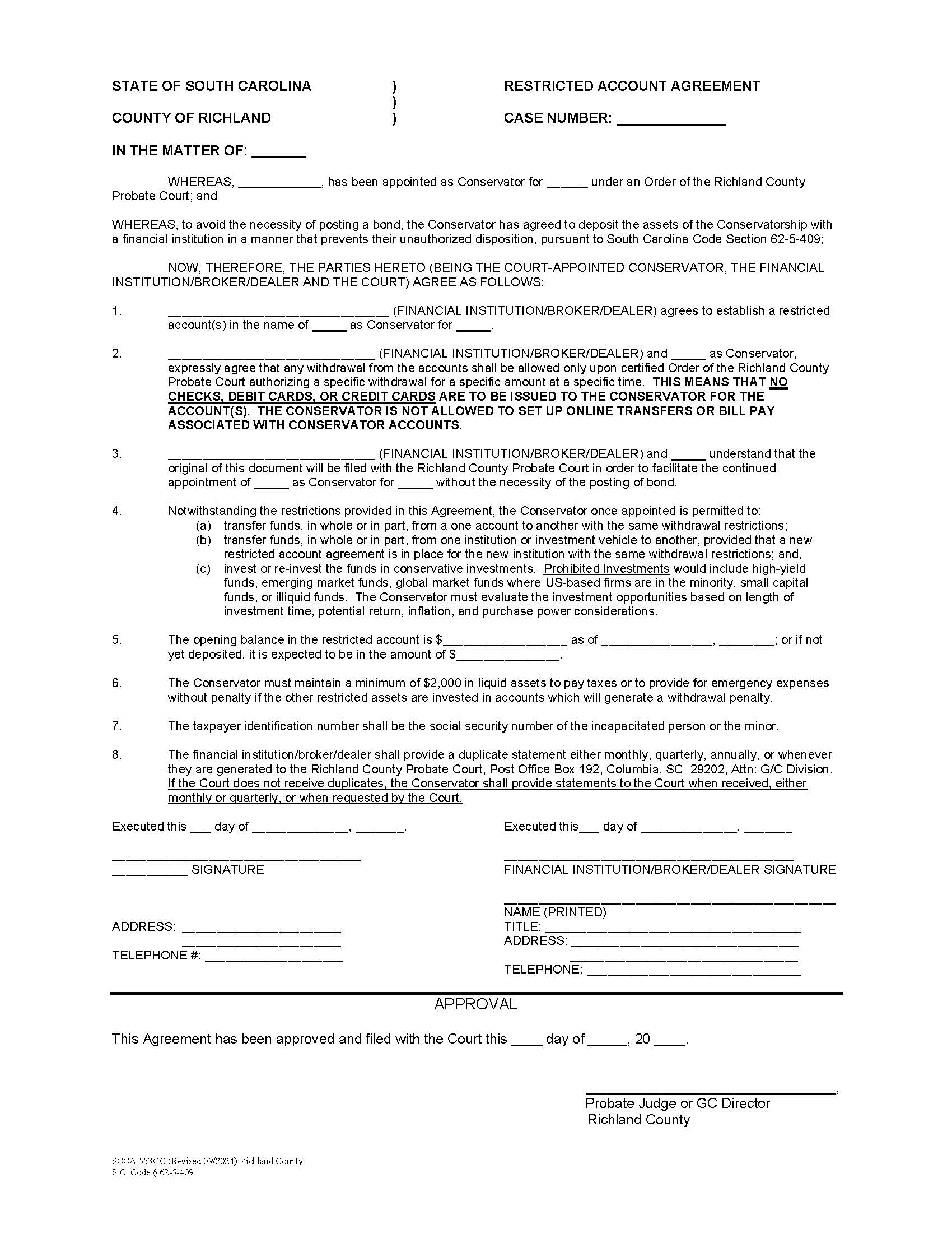 Restricted Account Agreement (After Appointment) {553GC} | Pdf Fpdf Docx | South Carolina