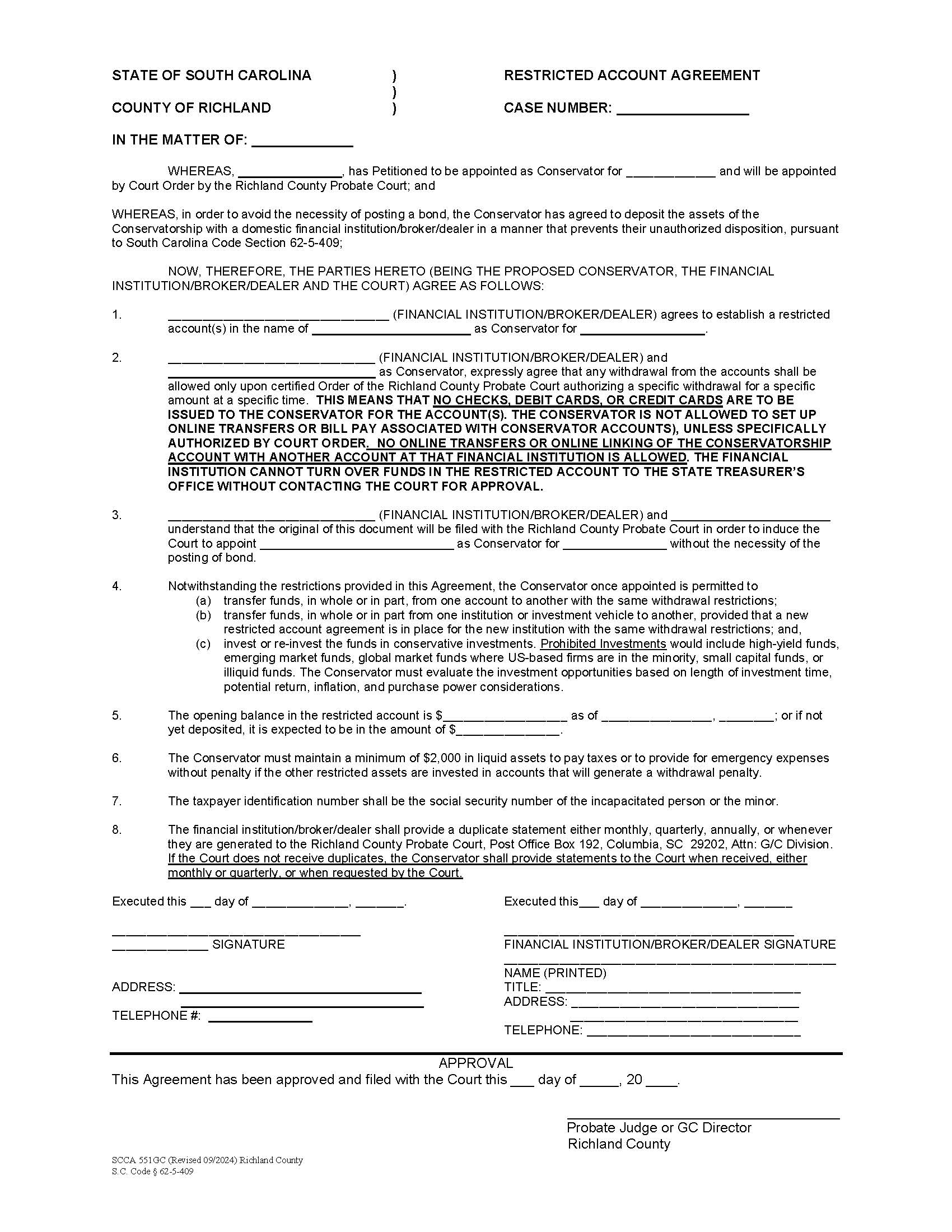 Restricted Account Agreement (Pending Appointment) {551GC} | Pdf Fpdf Docx | South Carolina