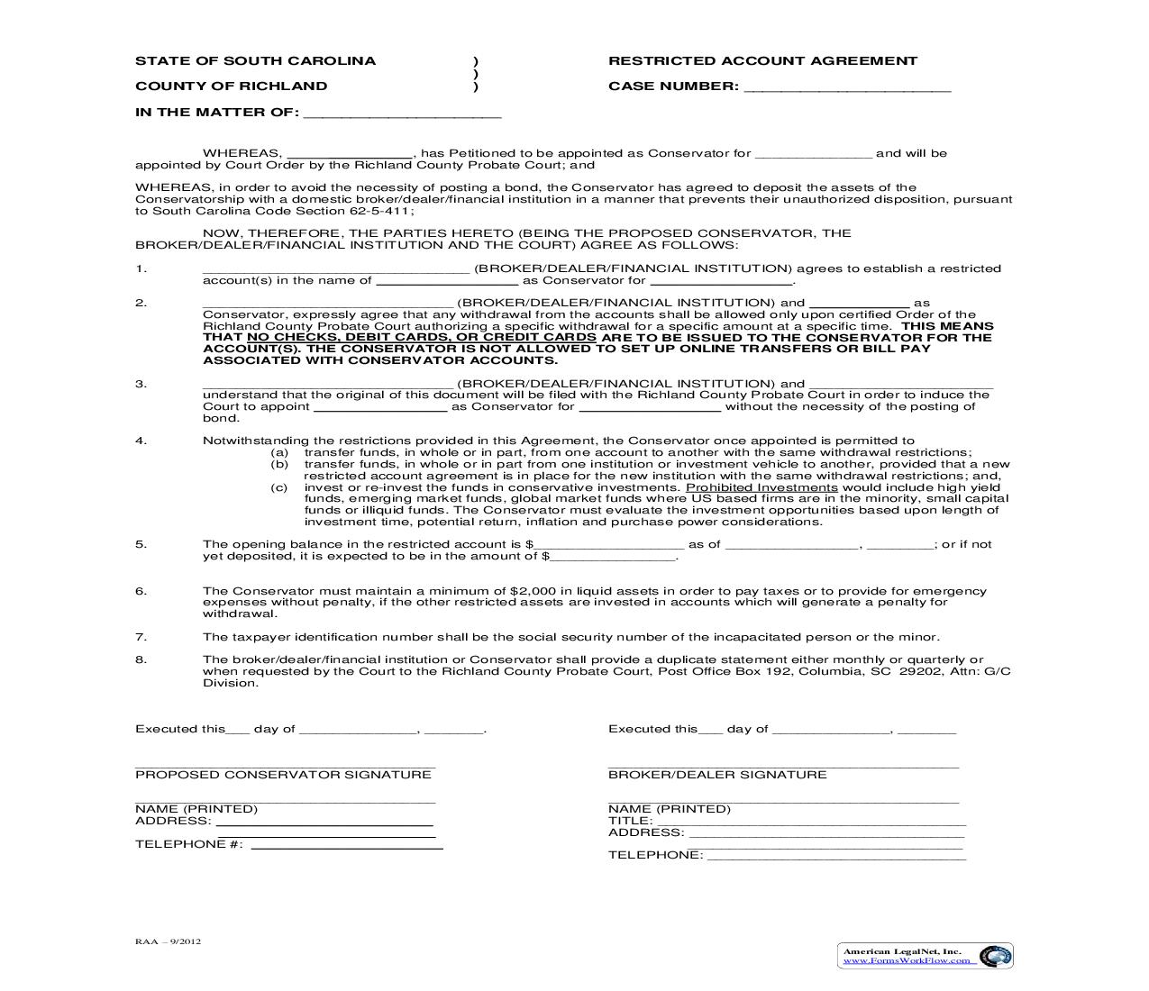 Restricted Account Agreement (Richland) | Pdf Fpdf Doc Docx | South Carolina