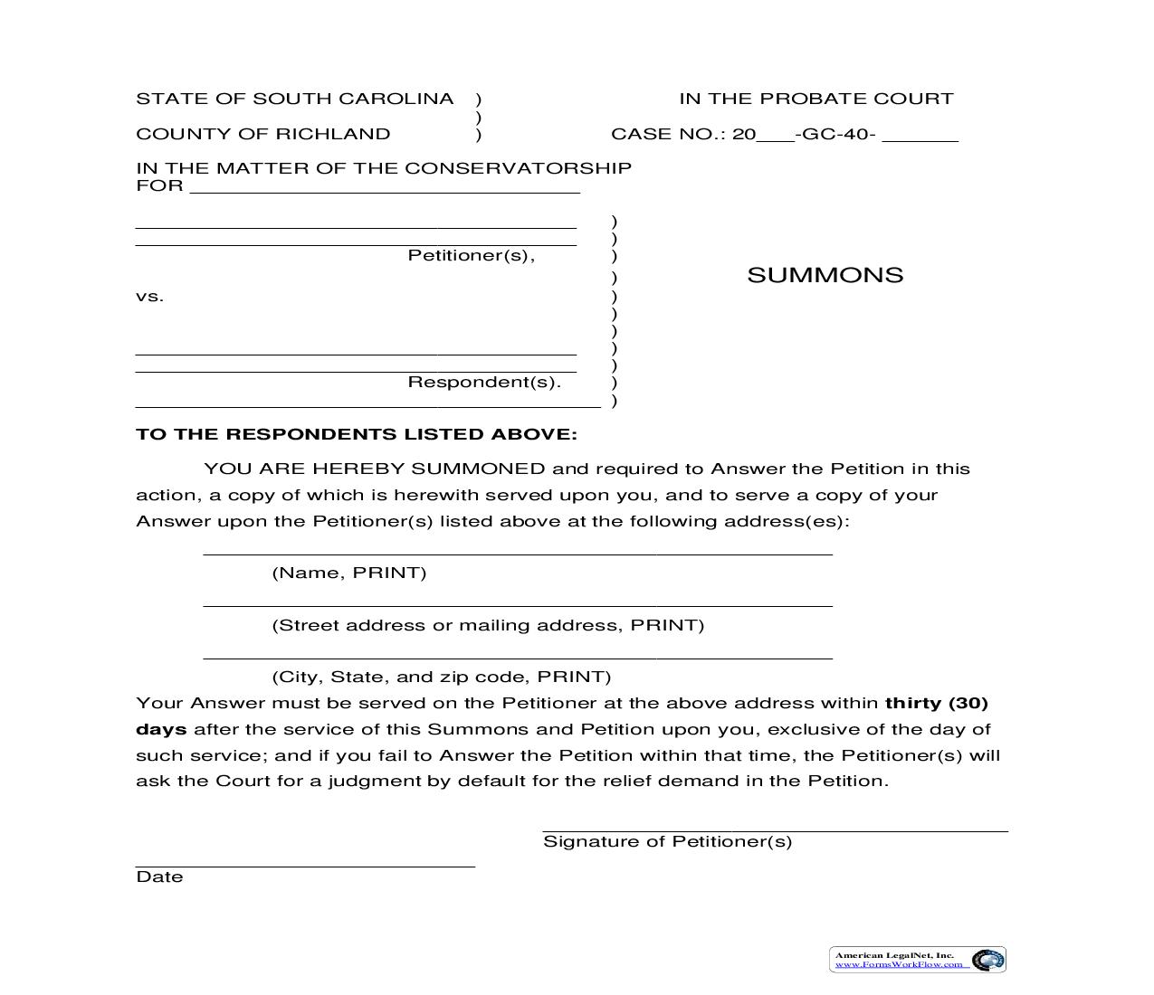 Summons (For Conservatorship) | Pdf Fpdf Doc Docx | South Carolina