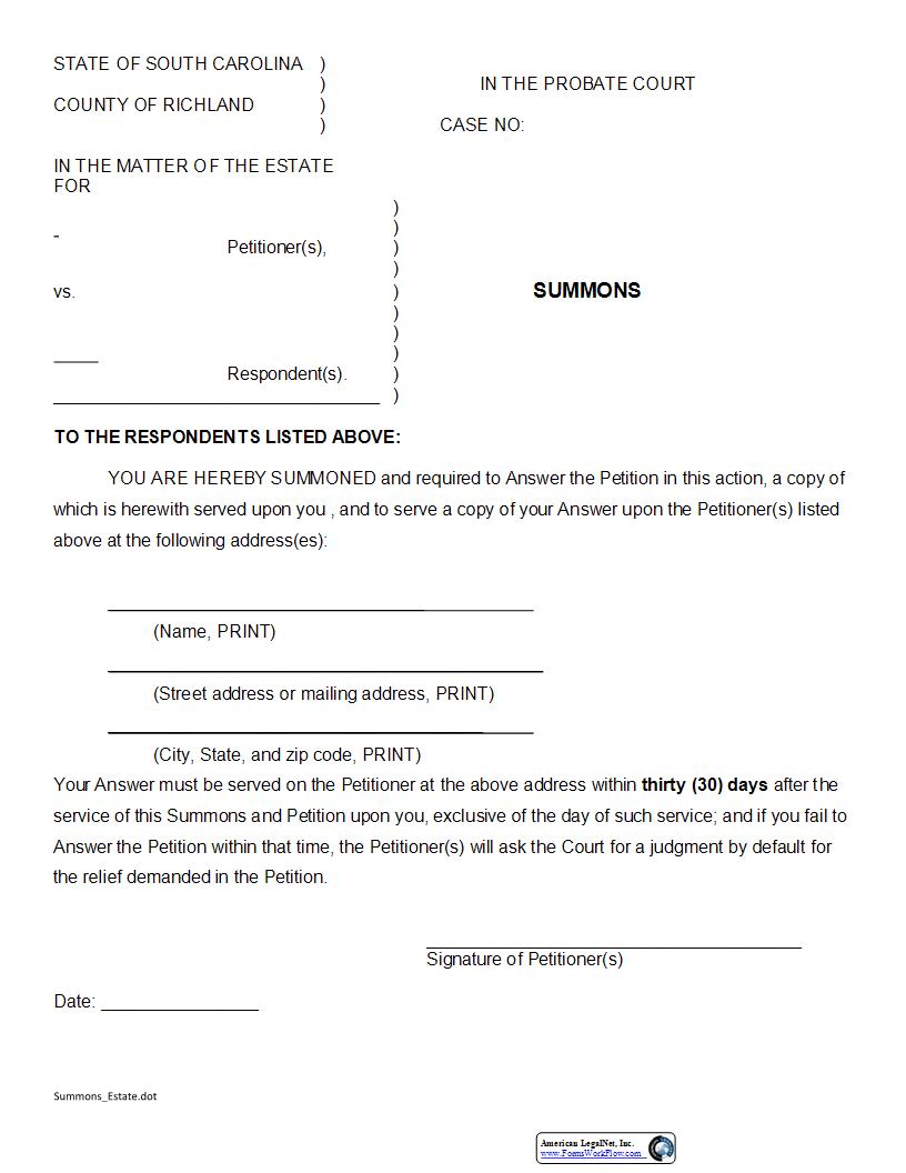 Summons (For Estate) | Pdf Fpdf Docx | South Carolina