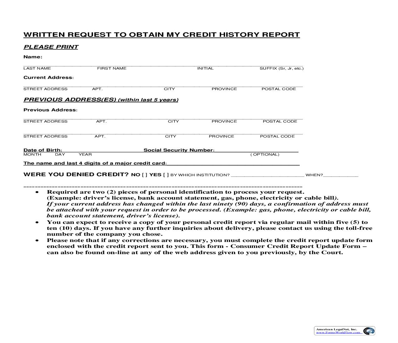 Written Request To Obtain My Credit History Report | Pdf Fpdf Doc Docx | South Carolina