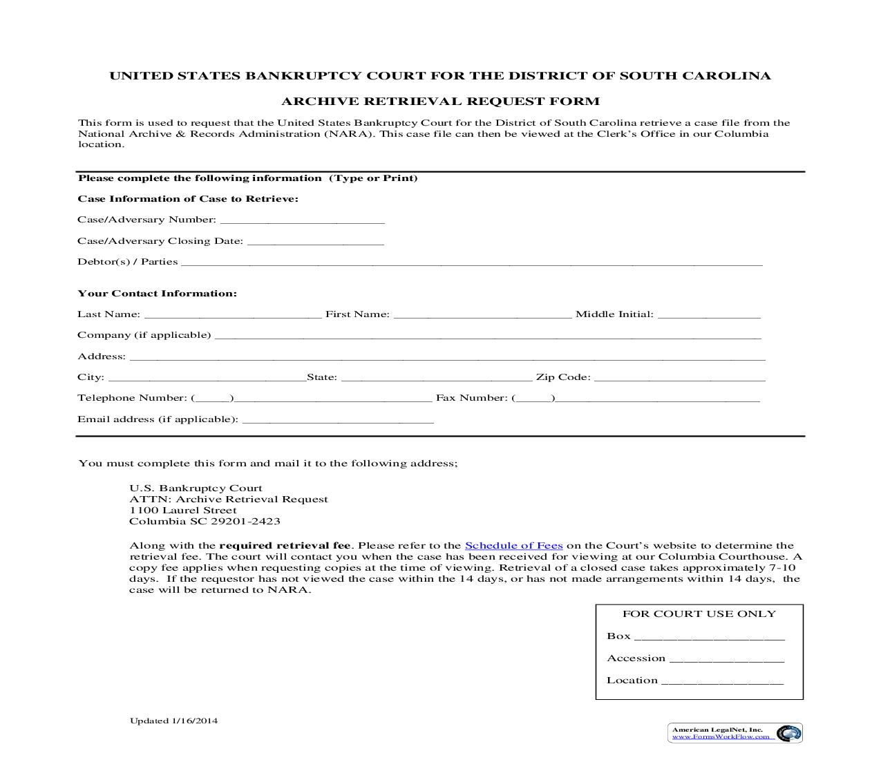 Archive Retrieval Request Form | Pdf Fpdf Doc Docx | South Carolina