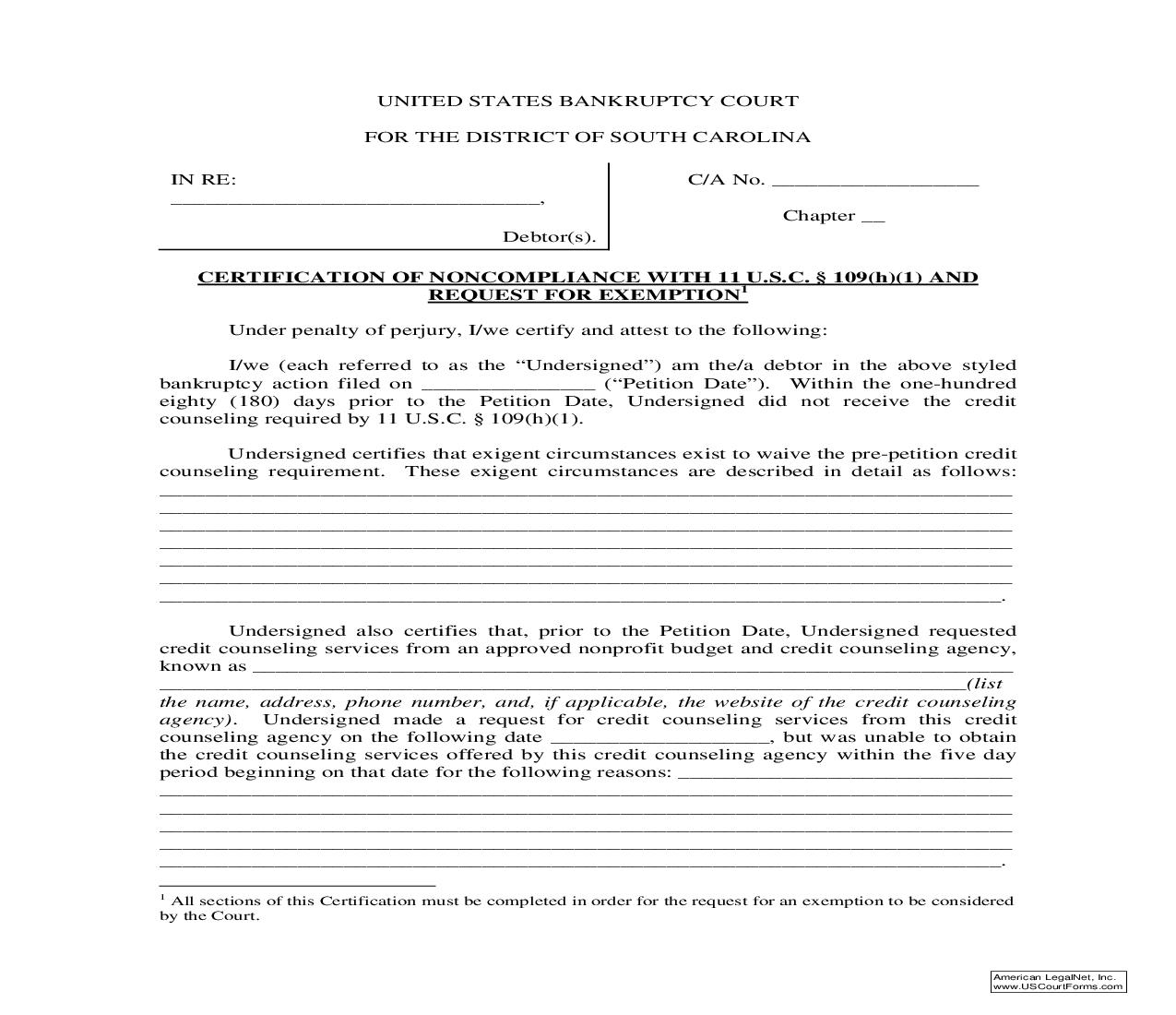 Certification Of Non-Compliance And Request For Exemption | Pdf Fpdf Doc Docx | South Carolina