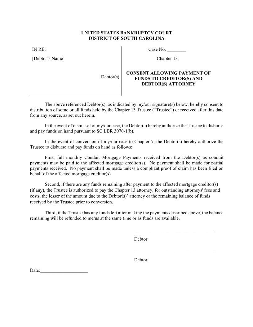 Consent Allowing Payment Of Funds To Creditor(s) And Debtor(s) Attorney | Pdf Fpdf Docx | South Carolina