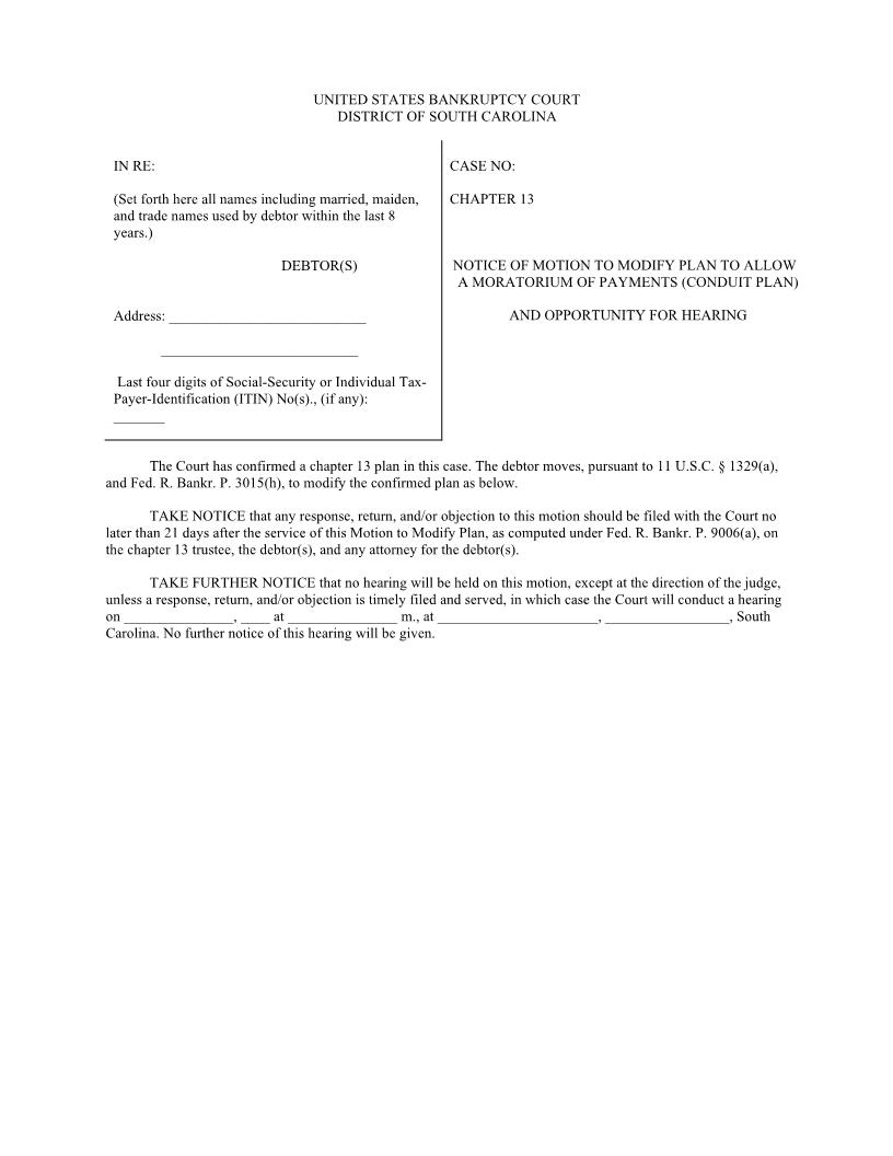 Motion To Modify Plan To Allow A Moratorium Of Payment (Conduit Plan) | Pdf Fpdf Docx | South Carolina