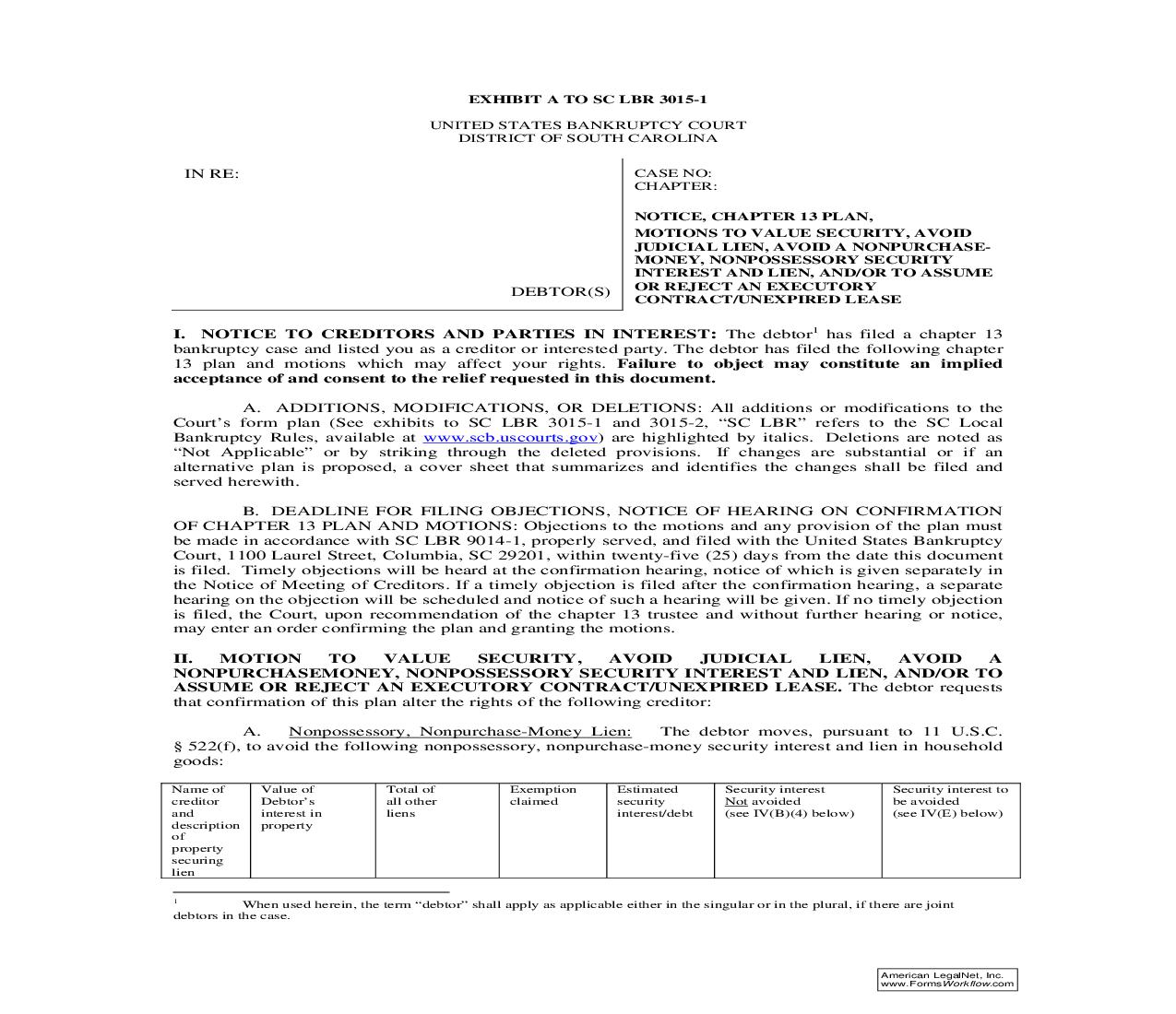 Notice Chapter 13 Plan And Motions To Value Security Avoid Judicial Lien (And Others) (For Cases Filed From 1-1-09) | Pdf Fpdf Doc Docx | South Carolina