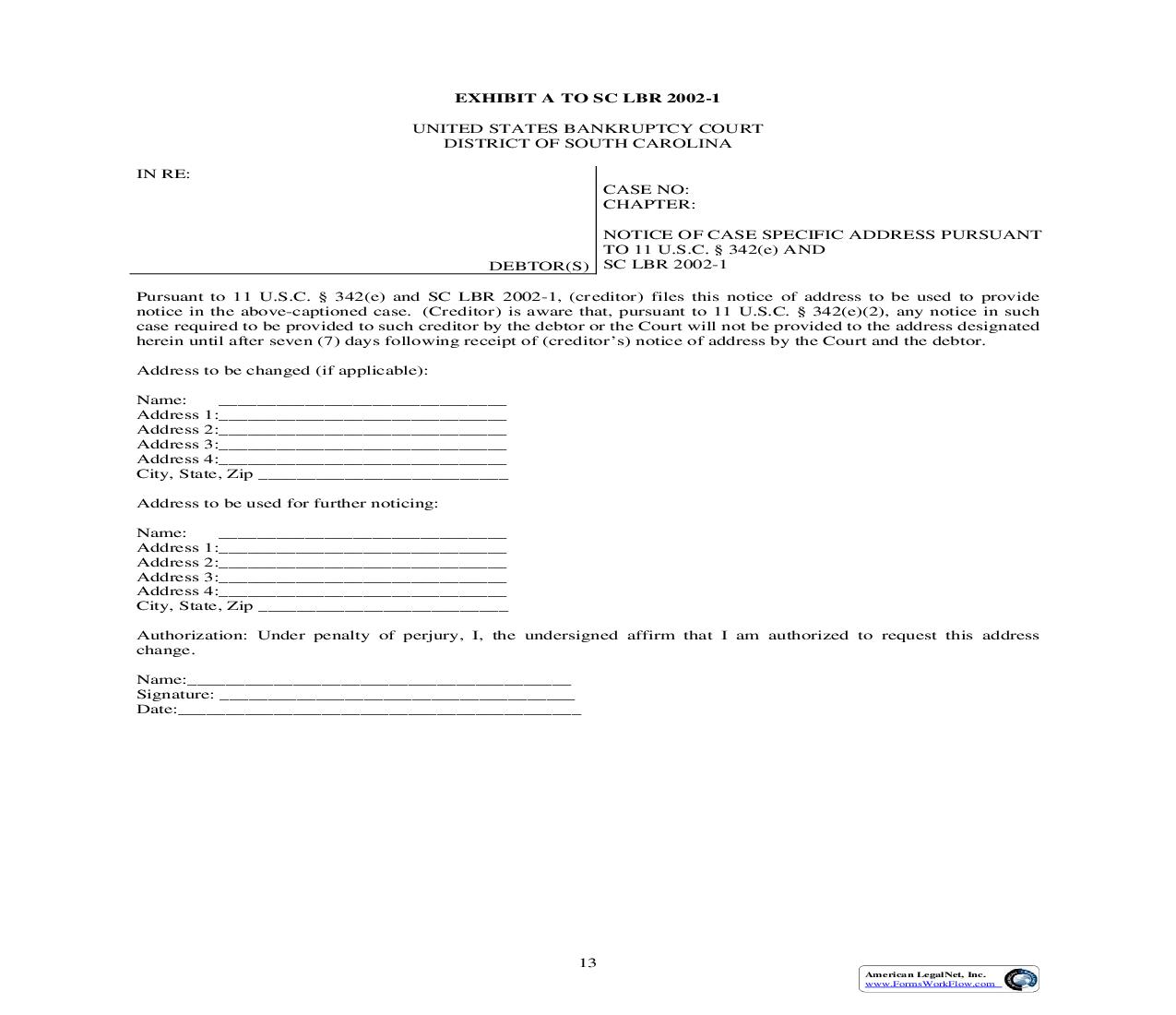 Notice Of Case Specific Address Pursuant To 11 U.S.C. § 342(e) And SC LBR 2002-1 | Pdf Fpdf Doc Docx | South Carolina