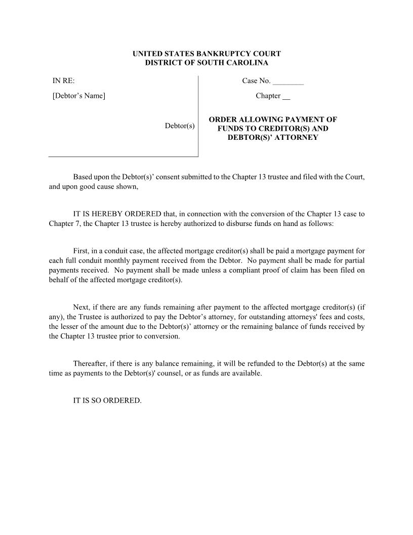 Order Allowing Payment Of Funds To Creditor(s) And Debtor(s) Attorney | Pdf Fpdf Docx | South Carolina