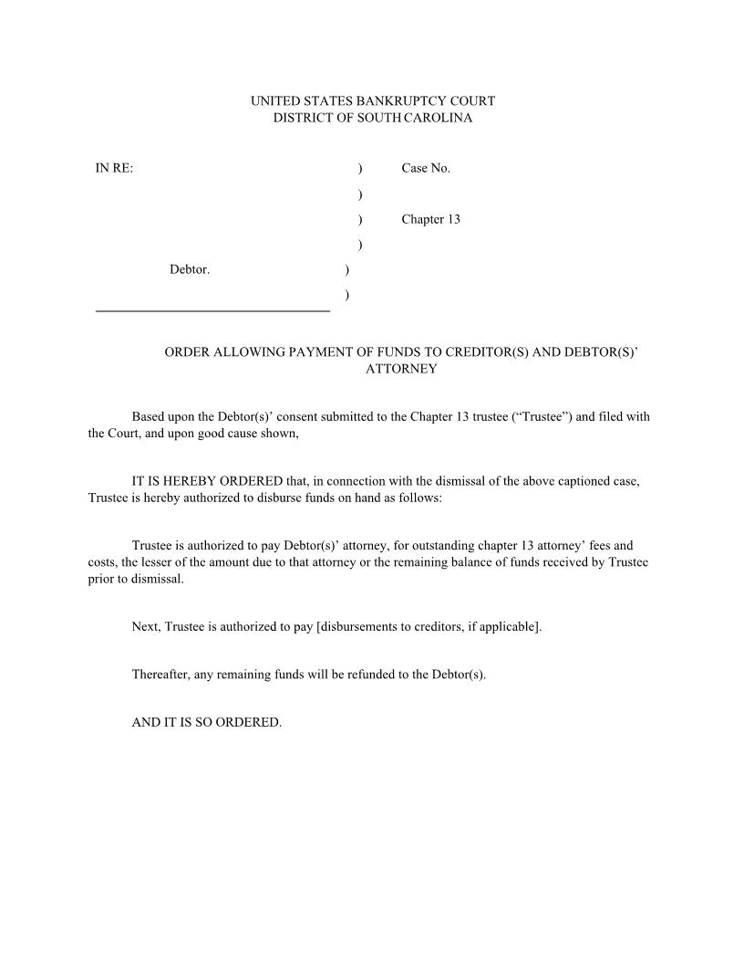Order Allowing Payment Of Funds Upon Dismissal | Pdf Fpdf Docx | South Carolina