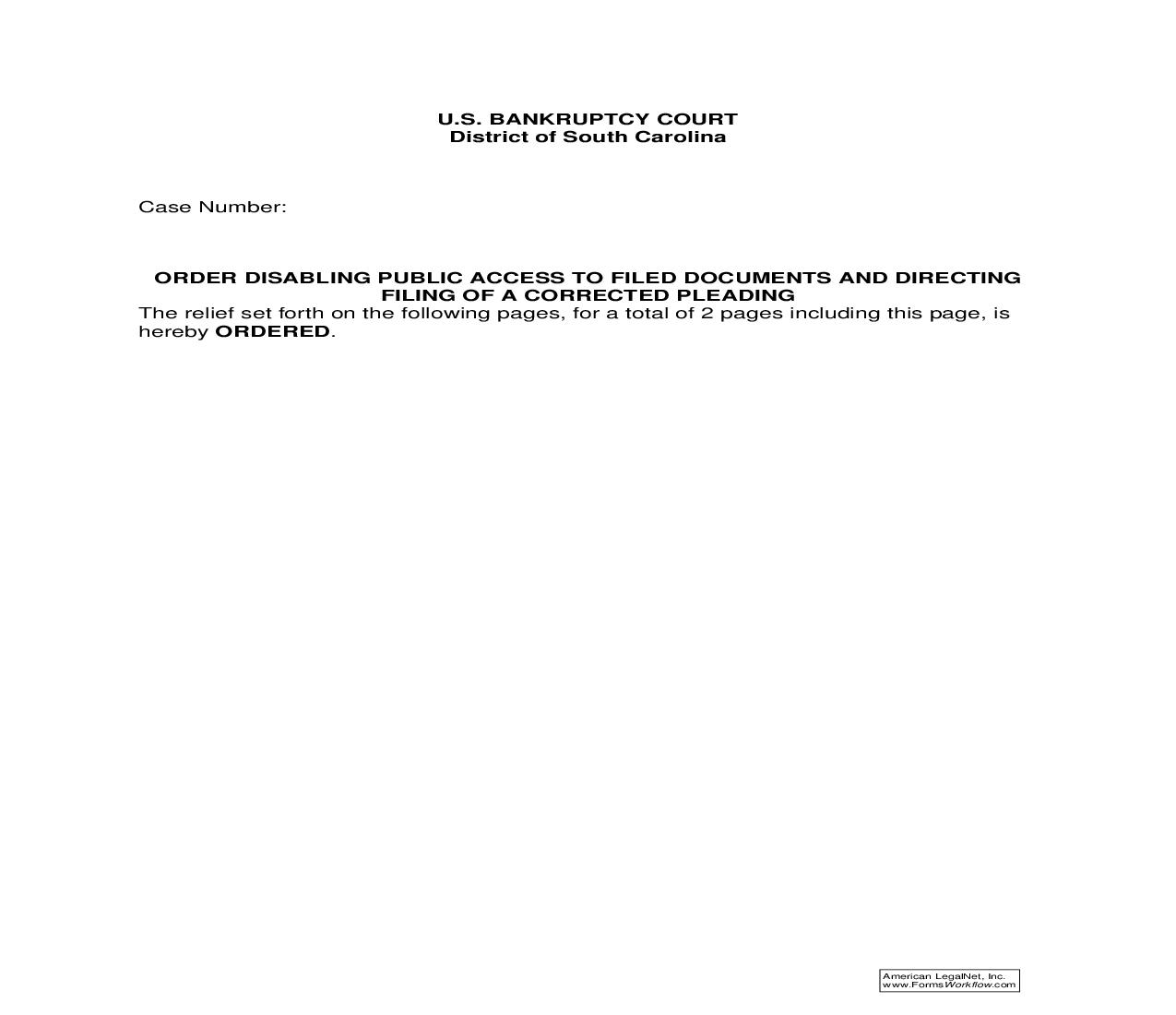 Order Disabling Public Access To Filed Documents And Directing Filing Of A Corrected Pleading (Own Motion - Form B) | Pdf Fpdf Doc Docx | South Carolina
